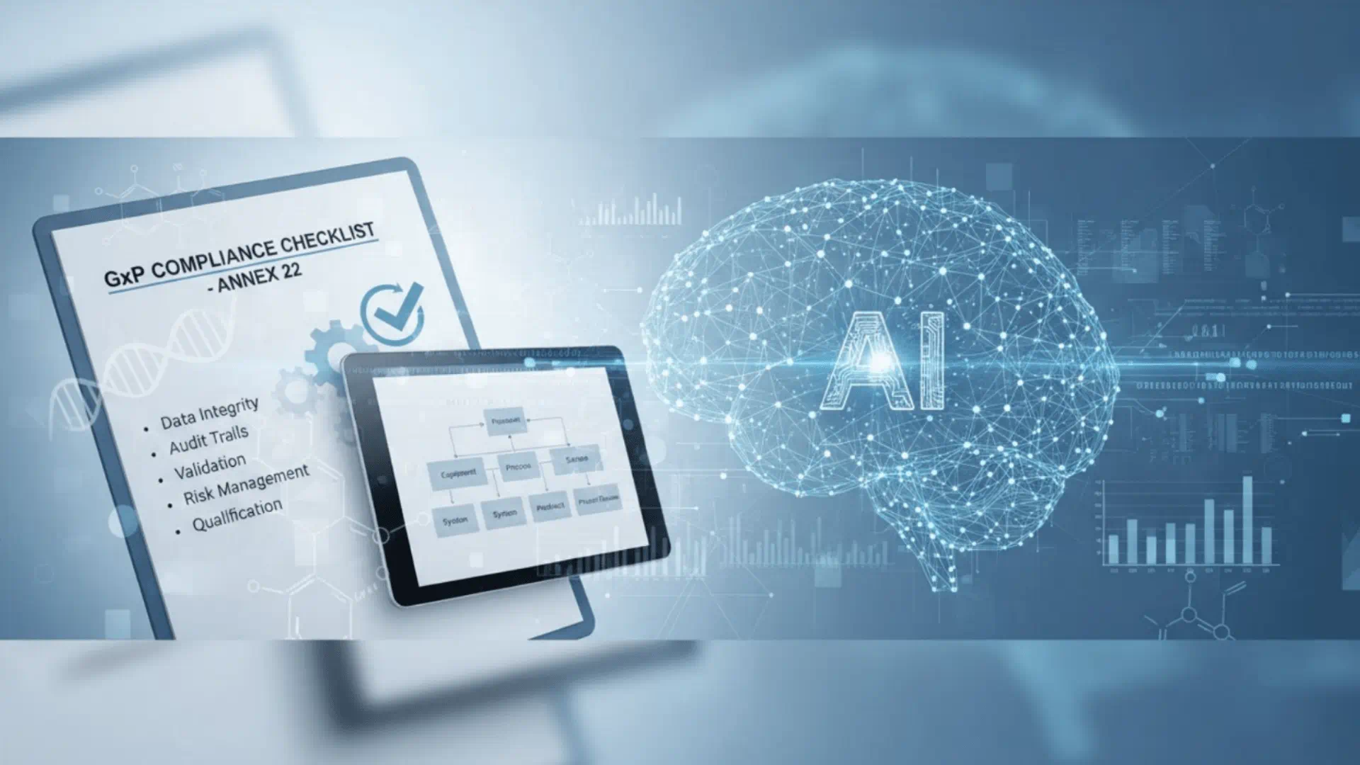 Rappresentazione concettuale dell’intelligenza artificiale con elementi tecnologici che richiamano regolamentazione, dati e sistemi automatizzati in ambito GMP e Annex 22 Rappresentazione concettuale dell’intelligenza artificiale con elementi tecnologici che richiamano regolamentazione, dati e sistemi automatizzati in ambito GMP e Annex 22