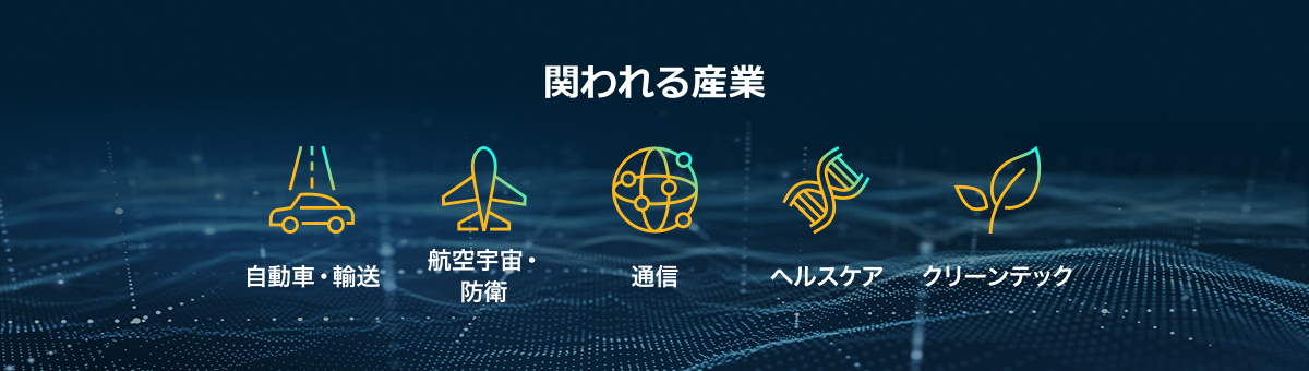 関われる産業　自動車・輸送、航空宇宙・防衛、通信、ヘルスケア、クリーンテック