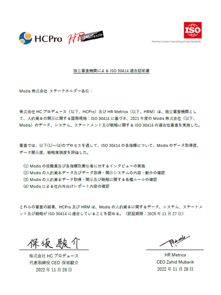独立審査機関による ISO 30414 適合証明書 Modis 株式会社 ステークホルダー各位：株式会社 HC プロデュース（以下、HCPro）及び HR Metrics（以下、HRM）は、独立審査機関として、人材の資本に関する国際規格：ISO 30414 に基づき、2021 年度の Modis 株式会社（以下、Modis）のデータ、システム、ステートメント及び関連情報を ISO 30414 の仕様に照らし合わせて検証しました。事業では、以下(1)〜(4)のプロセスを通じて、ISO 30414 の各指標に沿って、Modis のデータを調査、データ管理・報告構造を評価しました。(1) Modis の関連する統合情報管理に関するインタビューの実施(2) Modis の人材データの検証(3) Modis の人材データ管理システムの確認(4) Modis における人材関連ステートメントの確認これらの調査結果、HCPro 及び HRM は、Modis の人的資本に関するデータ、システム、ステートメントが国際規格 ISO 30414 に準じていることを認めます。（認証期限：2025年11月27日）
