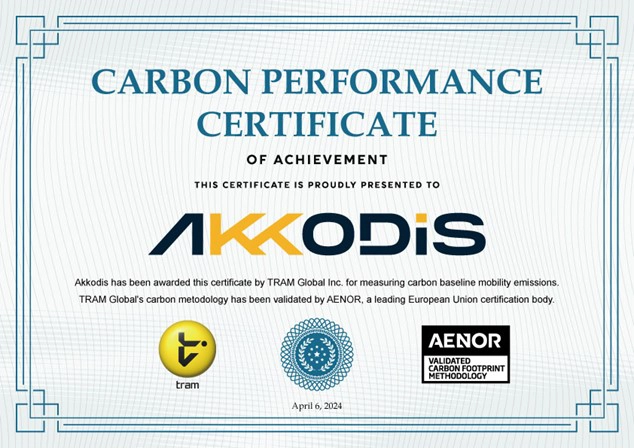 AKKODiSがTRAM GlobalとAENORから取得した、通勤に伴うCO2排出量可視化に関するカーボンパフォーマンス認証書（Carbon Performance Certificate）