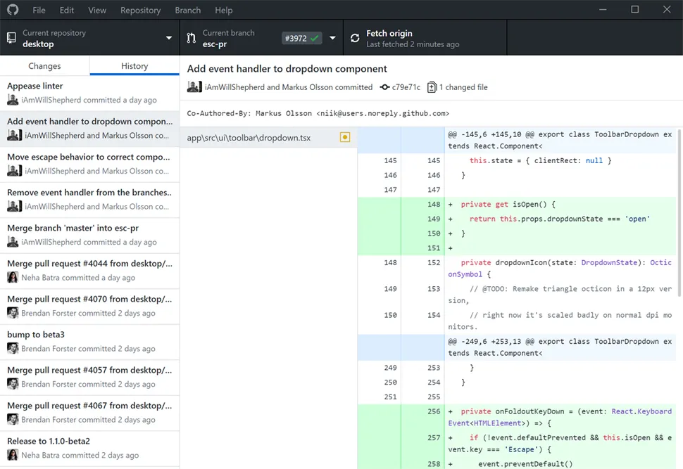 GitHub Desktopの変更履歴画面。