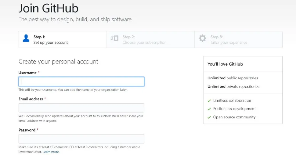 GitHubのアカウント作成画面。