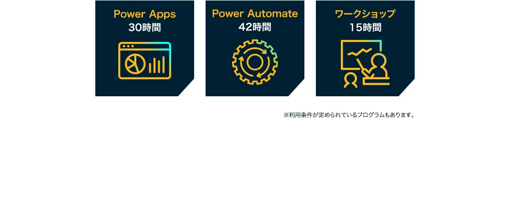 PowerApps30時間 PowerAutomate42時間 ワークショップ15時間 ※利用条件が定められているプログラムもあります。