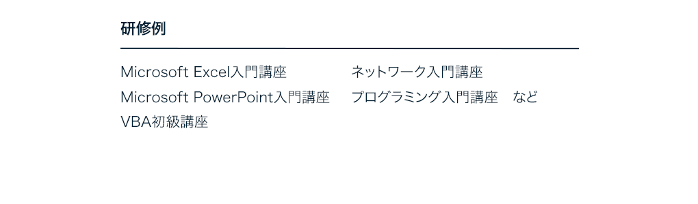 研修例 Microsoft Excel入門講座 Microsoft PowerPoint入門講座 VBA初級講座 ネットワーク入門講座 プログラミング入門講座　など