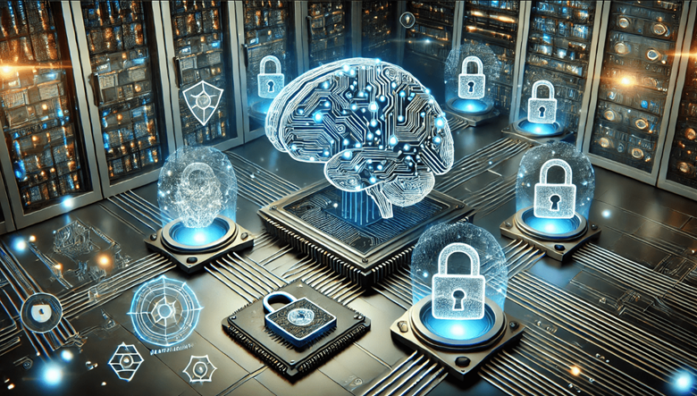 Illustration d’un environnement numérique avec des symboles liés à l’intelligence artificielle et à la cybersécurité