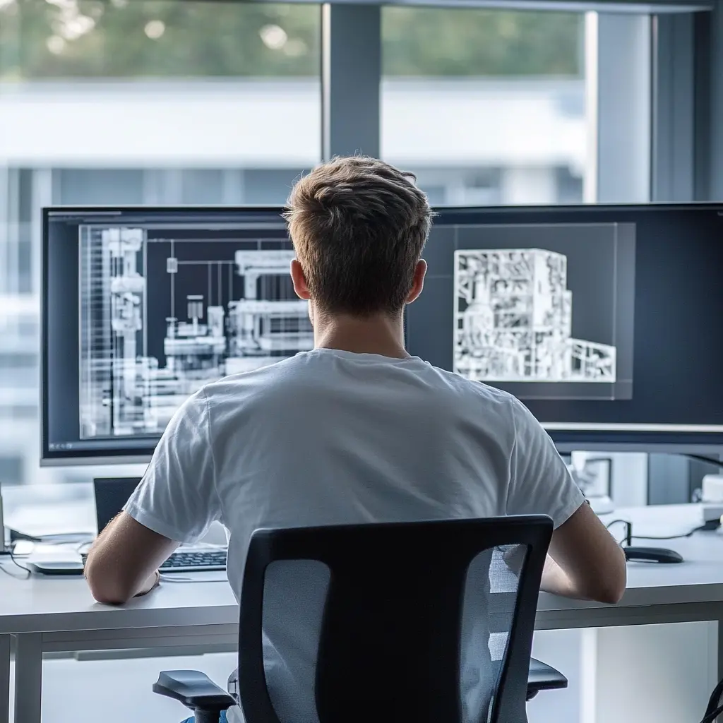 Male engineer sitting in front of a computer screen