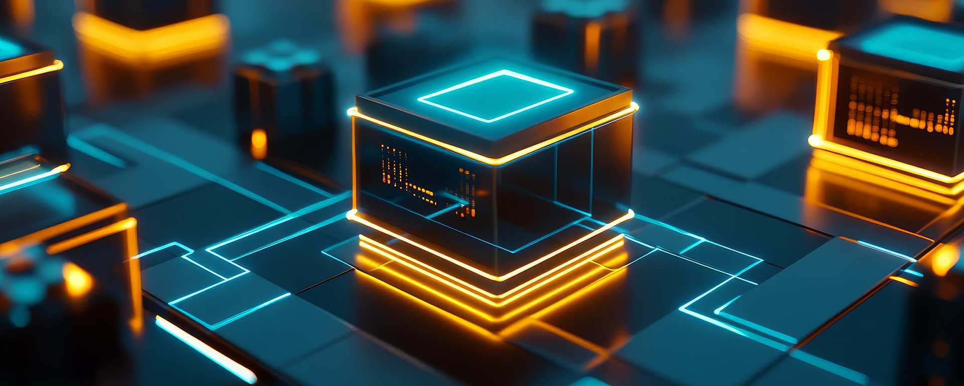 AI-generated blockchain-powered supply chain with glowing data blocks AI-generated blockchain-powered supply chain with glowing data blocks