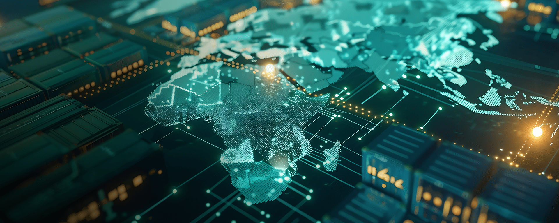 Mappa del mondo generata dall'AI con rete logistica distribuita sullo sfondo