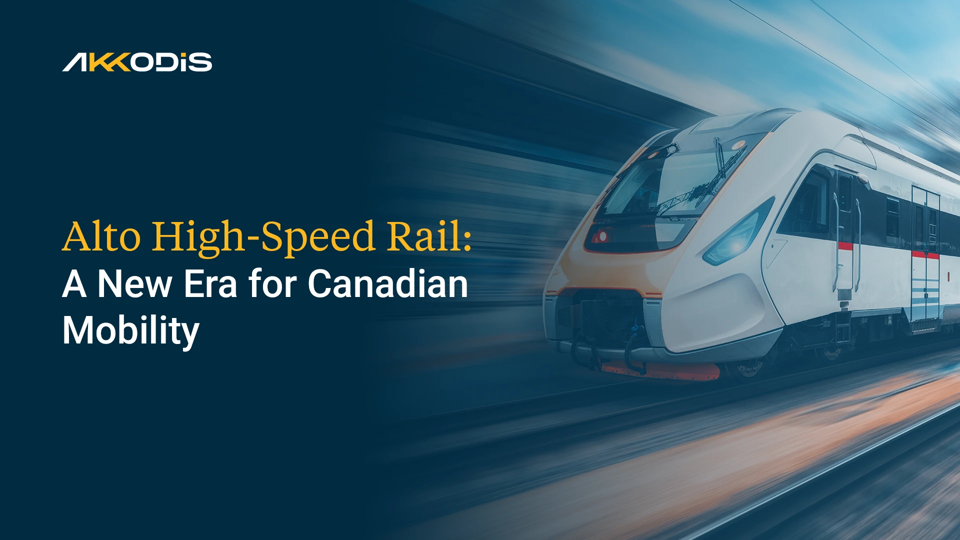 A high-speed train traveling through the Canadian countryside