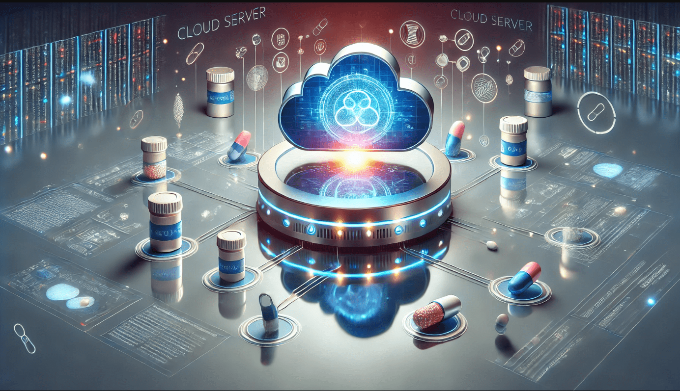 A cloud server with icons of pharmaceuticals and data symbols in the background.