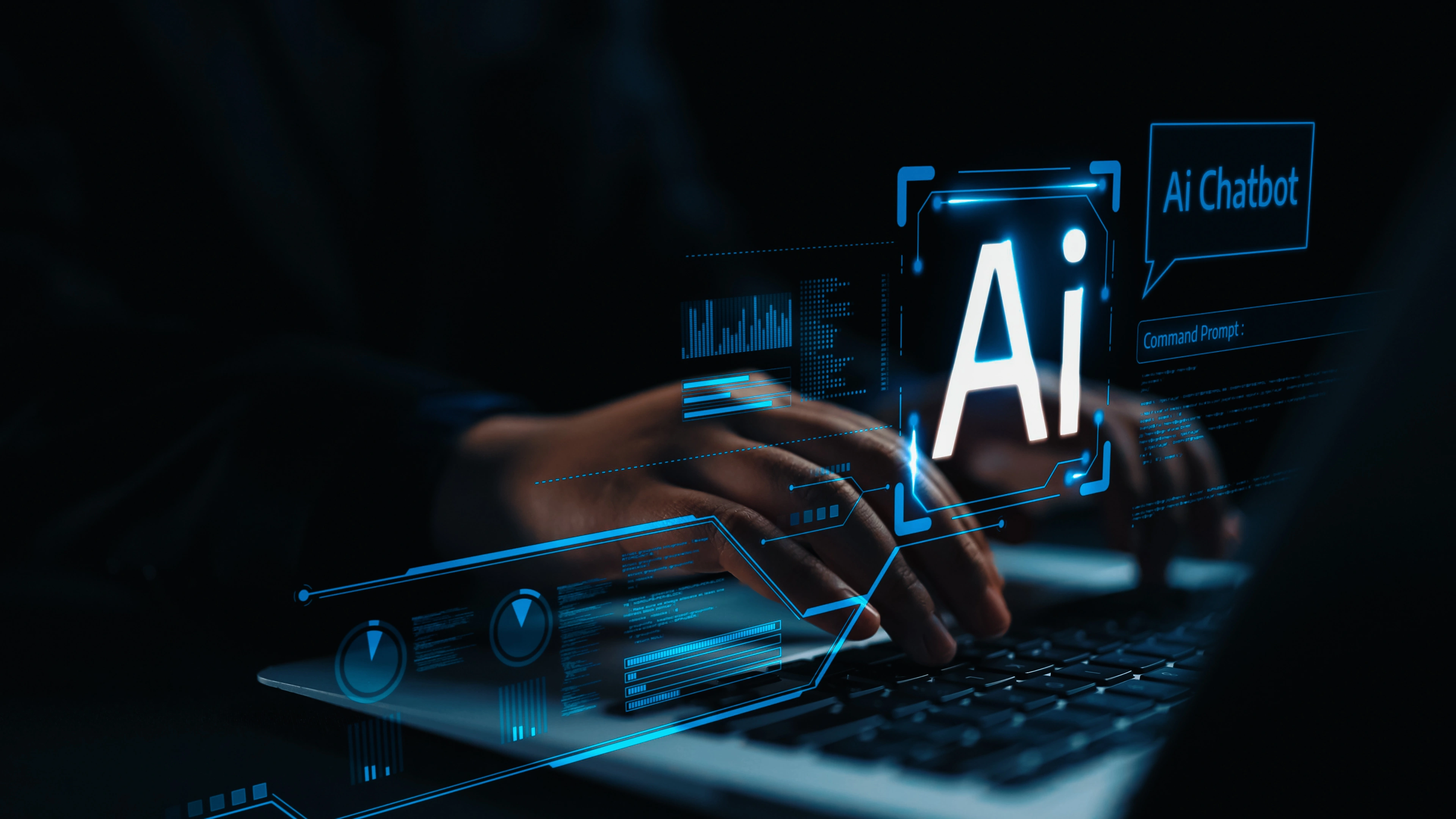 llustration d'une personne qui interagit avec un assistant virtuel d'intelligence artificielle pour l'assister dans son travail.