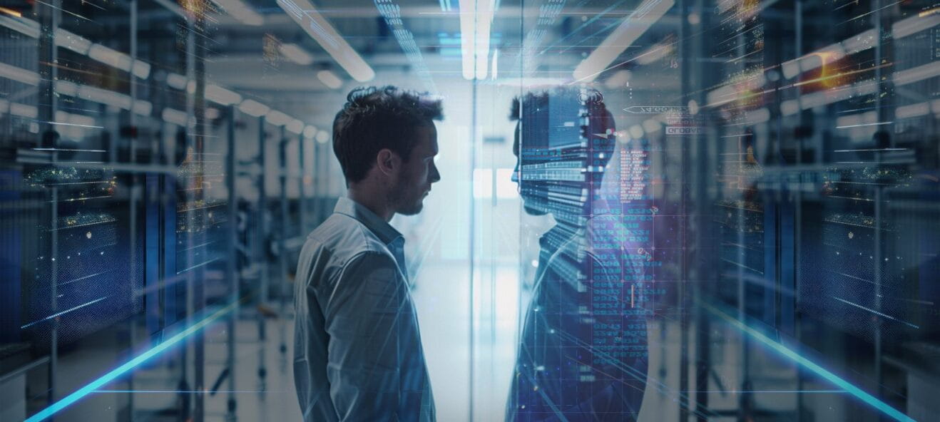Man standing in server room looking at his own reflection.