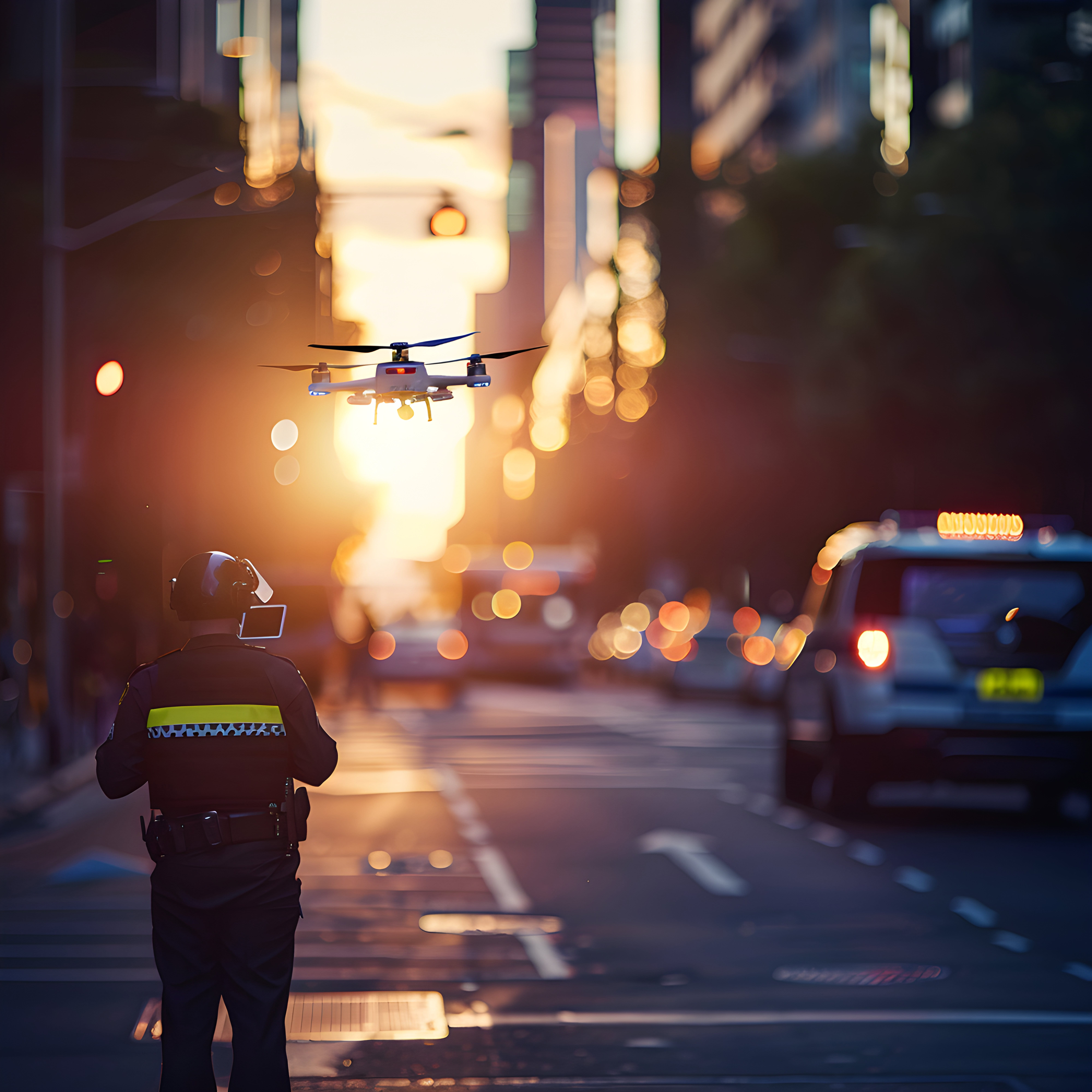 City street with a policeman managing a drone