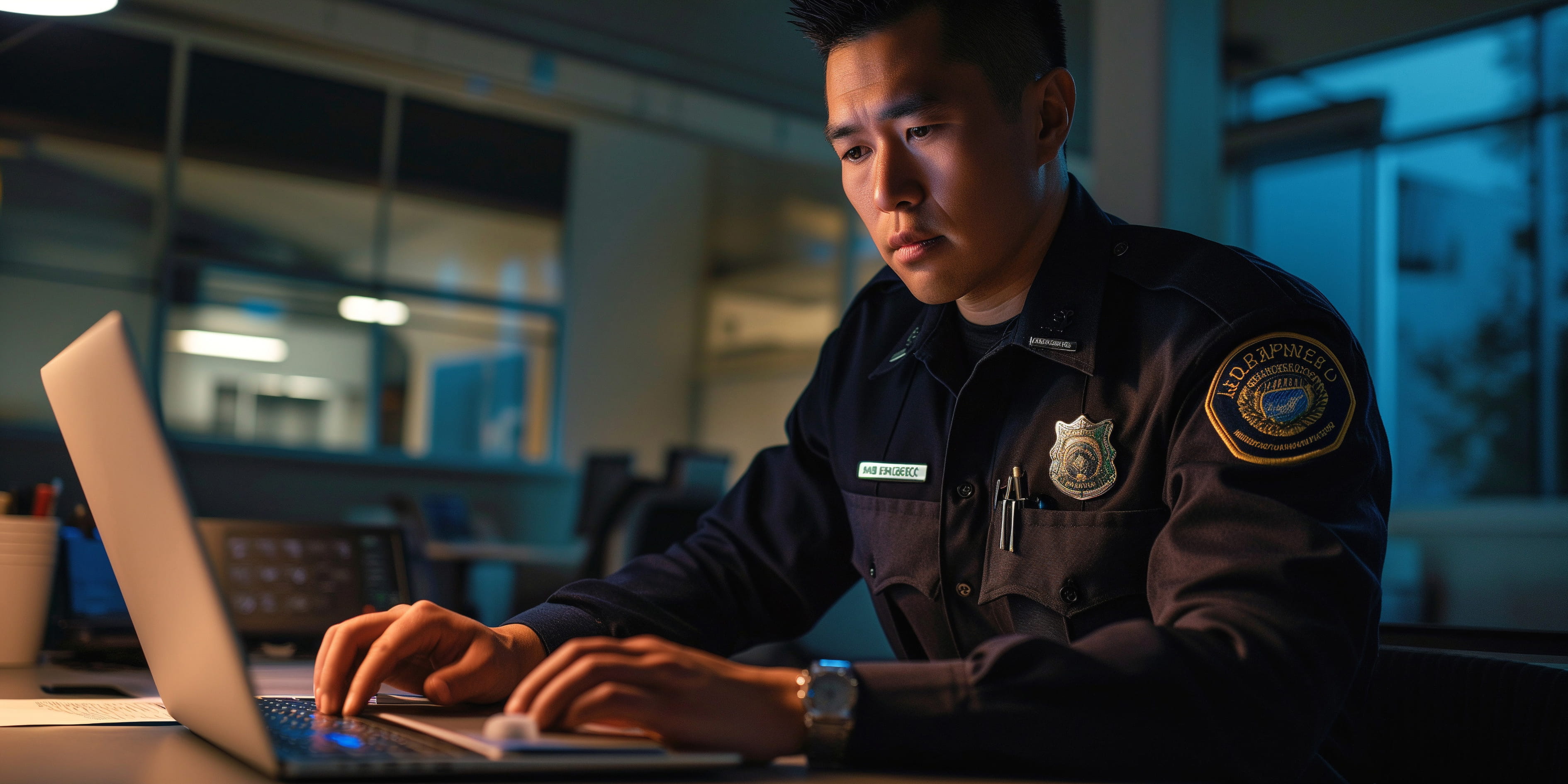 A police officer working on his laptop at police station’s desk