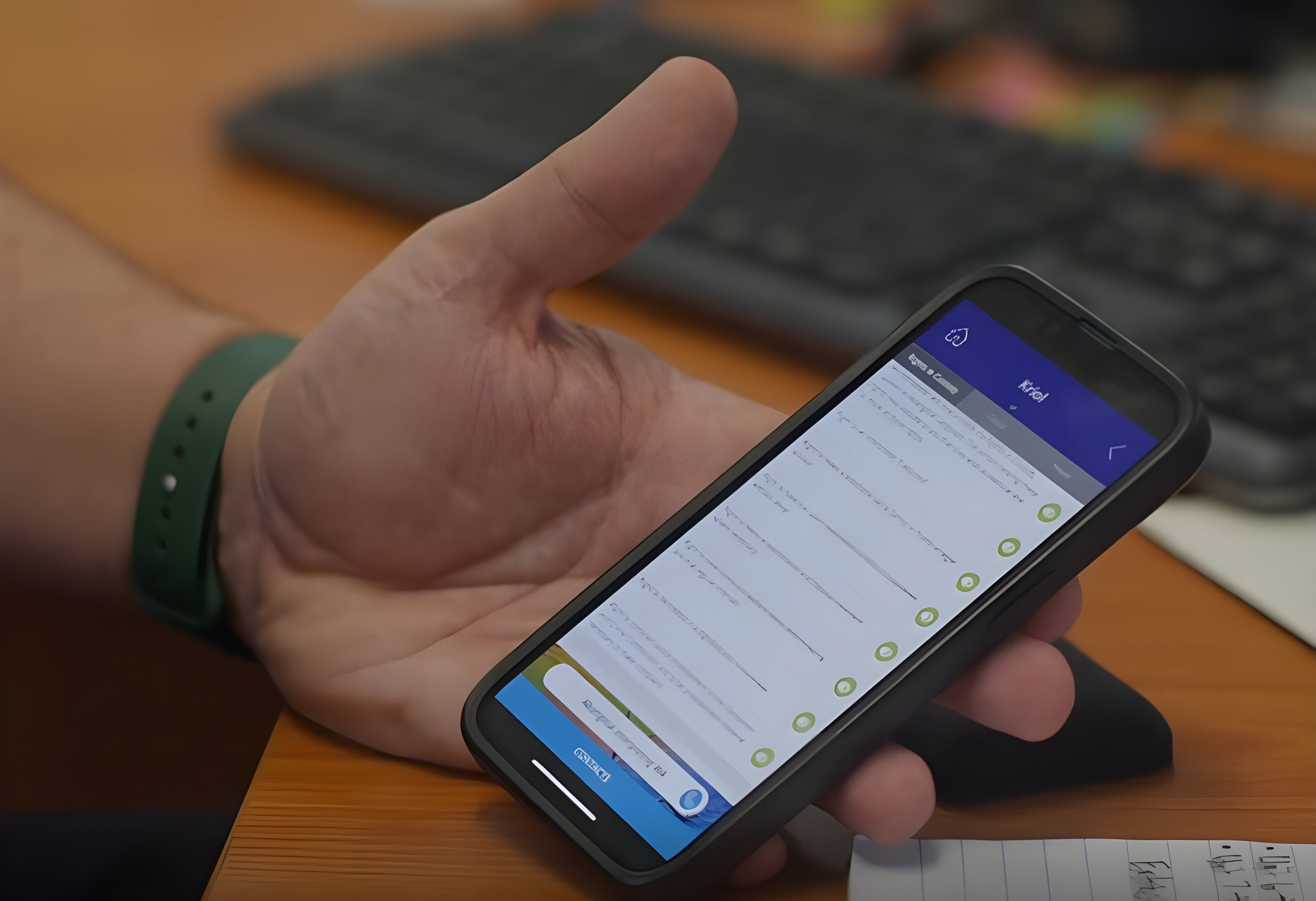 A human hand with a phone with an open app