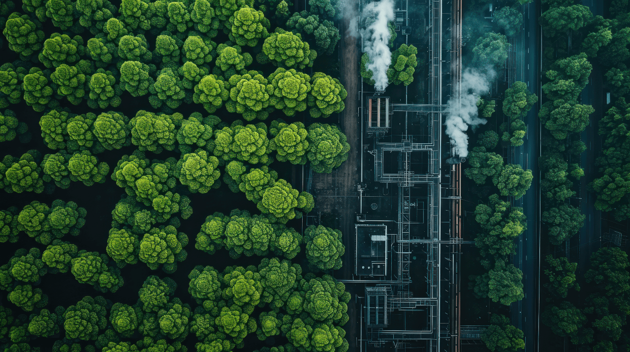 Factory amidst a forest seen from above