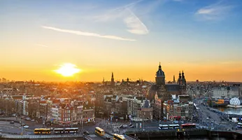 View on Amsterdam from the main train station, Netherlands