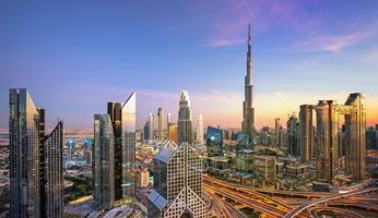 Dubai skyline with beautiful city and the Burj Khalifa tower.