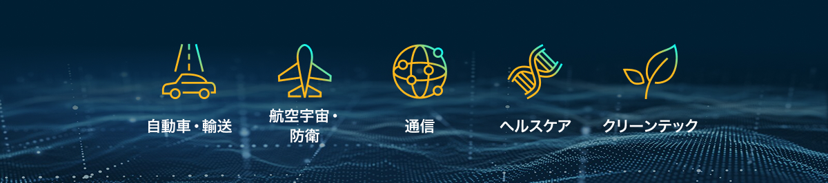 自動車・輸送、航空宇宙・防衛、通信、ヘルスケア、クリーンテクノロジー